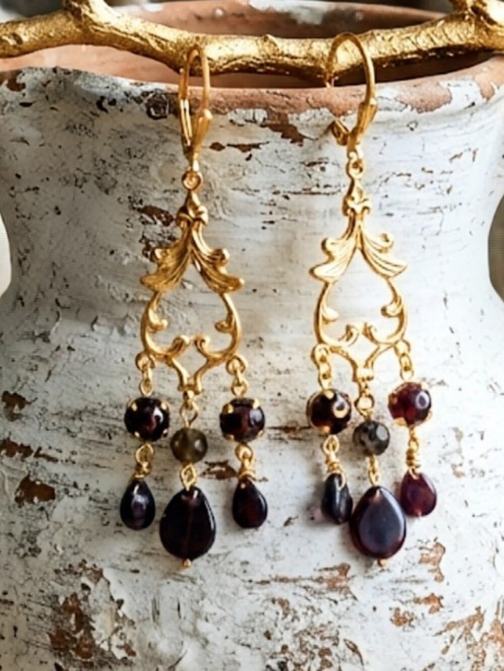 Victorian 5 Carats Natural Rich Garnets In Gold Plated Chandelier Earrings ​